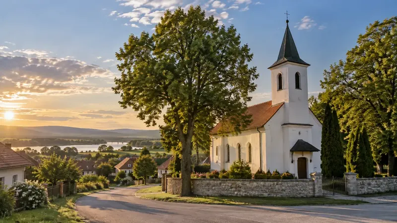 Biely vidiecky kostol pri vzrastlej zeleni